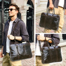 Man holding a brown leather briefcase with close-up shots of the bag, Obroi
