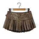 Skirts For Woman Mini Skirts Low Waist Summer Leather Pleated Skirt With Belt Brown