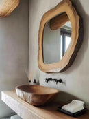Bathroom with wooden sink and mirror, featuring a minimalist design, Obroi