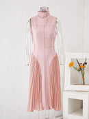 Sweet And Lovely Sleeveless Splicing Standing Neck Women's Pleated Dress Beautiful Clothing