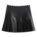 Spring Summer Chic Leather Mini Pleated Skirt Women Rivet Side Slit Short