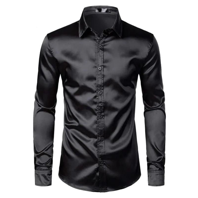 Men's Shirt and Tie White Silk Satin Dress Male Wedding Party