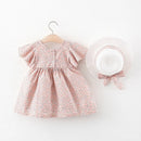 Summer Newborn Baby Girls 2-Piece Set Style Cute Bow Floral Cotton Dress with Sun Hat