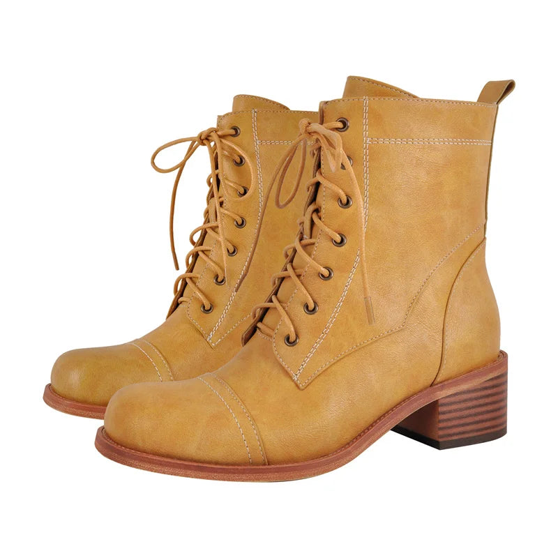Women Round Toe Lace UP Ankle Boots  Gothic Heeled Winter Combat Boots