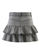 Denim Mini Skirt Women's Autumn Vintage Cute Sexy Girl Kawaii Slim High Waist Layered Ruffle Short Skirt Female