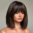 Short Bob Highlight Human Hair Wig With Bangs Bob Cut Bang Wigs Highlight For Women