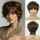 Chocolate Brown Women'S Human Hair Bob Wig Short Straight Pixie Cut Wigs with Layered Bangs