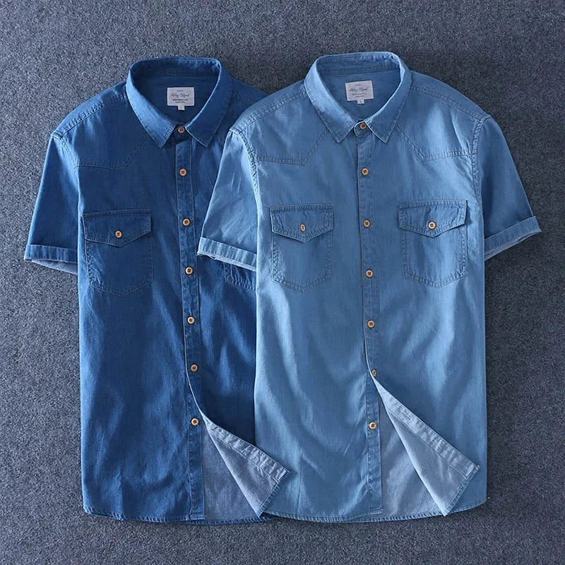 Summer Men Short Sleeved Denim Thin Shirt Soft Slim Jeans