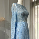 Luxury Crystal Blue Evening Dress with Overskirt Long Sleeves Women Wedding Formal Party Gown