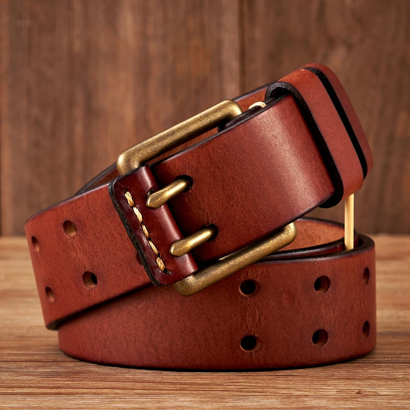 Men Belt Genuine Leather Belt Copper Double Needle Buckle Handmade Jeans Belt Male Strap