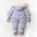 Purple baby snowsuit with mittens and booties on a white background, Obroi