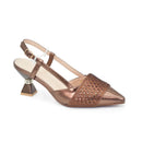 Rose gold high-heeled shoe with embellishments on a white background, Obroi