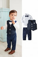 Child wearing a formal outfit with a vest and bow tie, next to an image of the outfit on a white background, Obroi