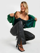 Women Leather Hem Split Flare Pants Lady Slim Trousers