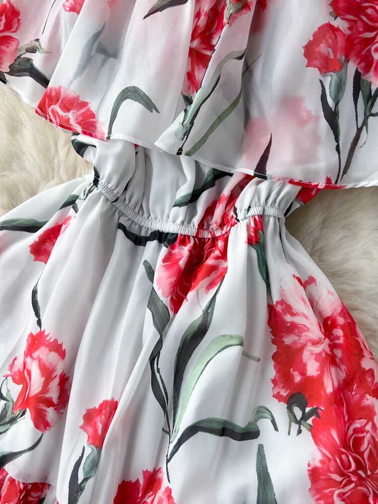Vintage Beach Dress Women Elegant Off The Shoulder Floral Party Dresses Ladies A-line Casual Chiffon Long Robe
