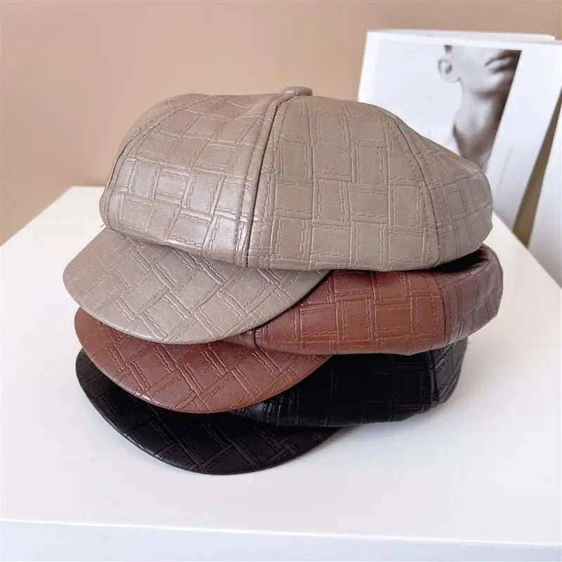 Plaid Microfiber Leather Newsboy Cap Autumn Winter Windproof Navy Cap Women Octagonal Hat