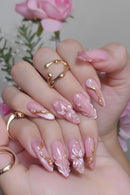 24pcs Almond Sweet Nails Wearable Flower Nails Sets Press on French Pink Nail Tips Glitter Stick on Nail