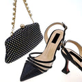 Women's Crystal Square Button Pointed High Heels Water Diamond Shiny Sandal Bag Set