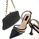 Women's Crystal Square Button Pointed High Heels Water Diamond Shiny Sandal Bag Set