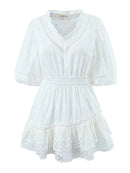 Spring Summer Dress Women Casual High Waist Short Embroidery Lace Stitching Layered Ruffled Mini Dress