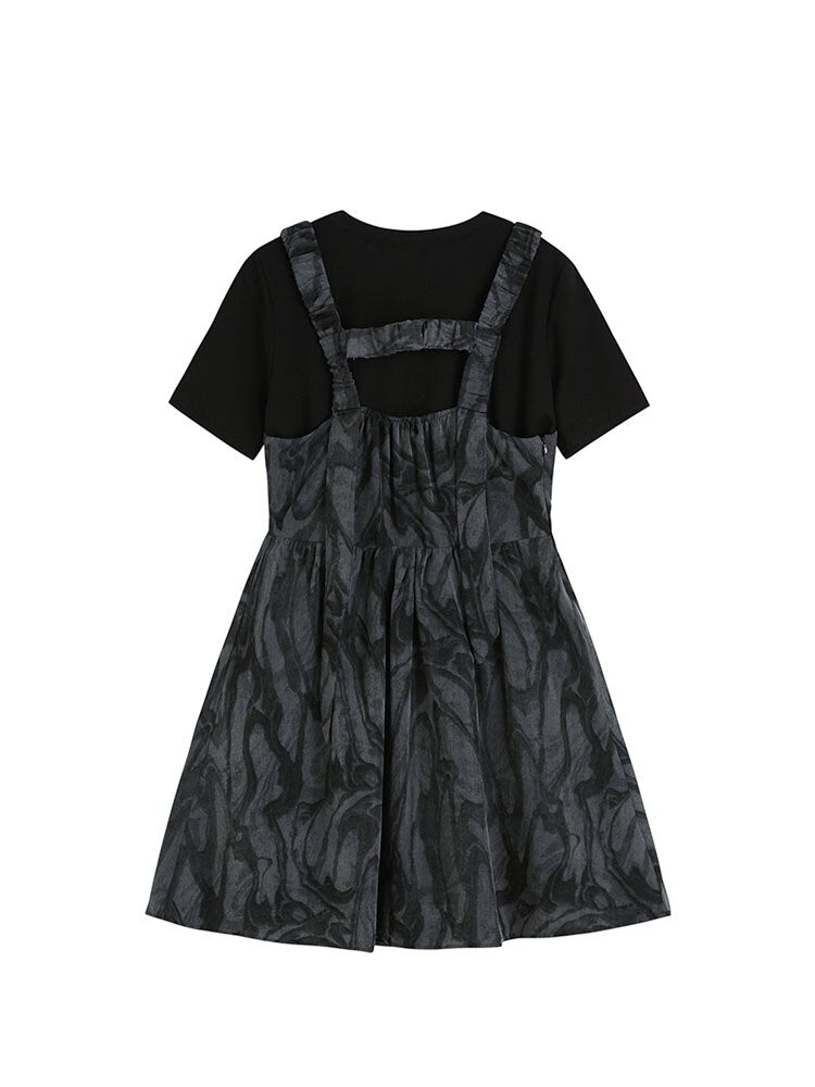 Women's Dresses Two-Piece Set Gothic Short Sleeve T-Shirts Tops Female Elegant Vintage Chic Suspender Dress Summer