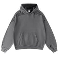 Gray hoodie with cut-out shoulder designs on a white background, Obroi