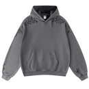 Gray hoodie with cut-out shoulder designs on a white background, Obroi