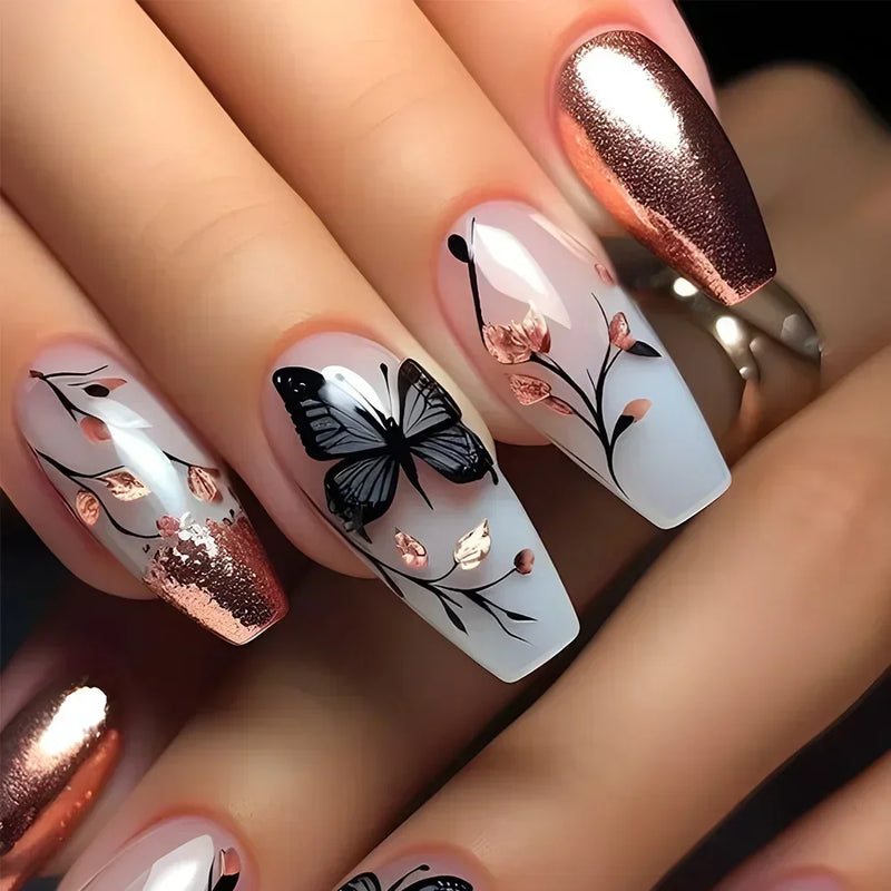 Sweet Nails Butterfly Flower Acrylic Nail Glitter Glossy False Nail Full Cover Autumn Press on Nails Tips