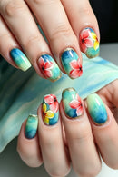 24Pcs Short Ballet False Nails with Red Flower Design Green Ins Wearable Press-on Nails