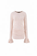 Women Knit Mini Dress Round Neck Flared Side Ruched Bodycon Sweater Dress Autumn