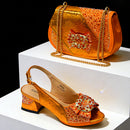 Open Toe High Heels & Bag Set Gold blocking Rhinestones Elegant High Heels