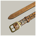 Brown leather belt with intricate designs and a gold buckle on a gray background, Obroi