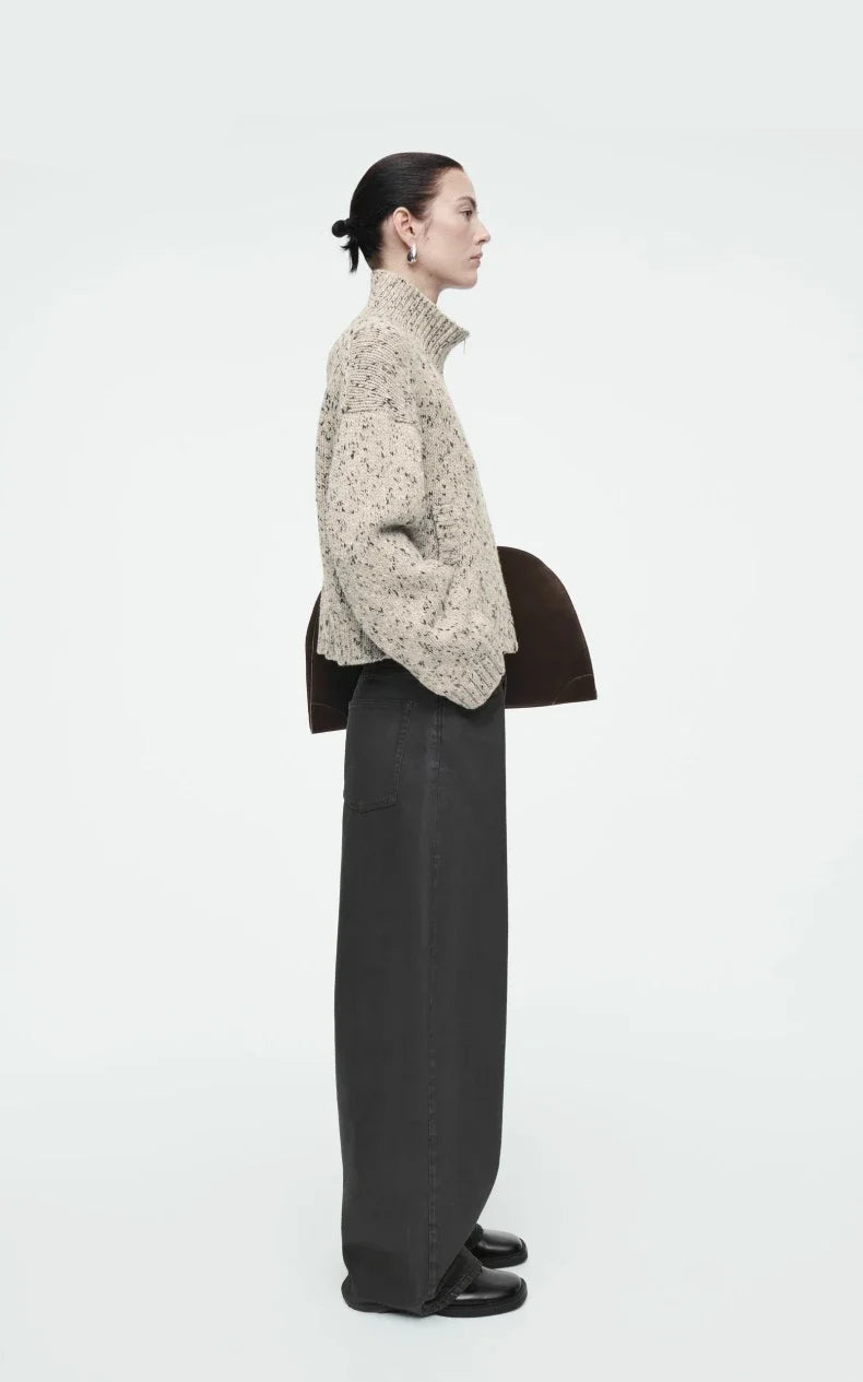 Ethereal costume winter of Women's casual version blended texture zipper cardigan