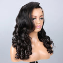 A long, dark brown to black wavy lace front wig displayed on a mannequin head against a light gray background, with the Obroi brand logo in the top left corner.