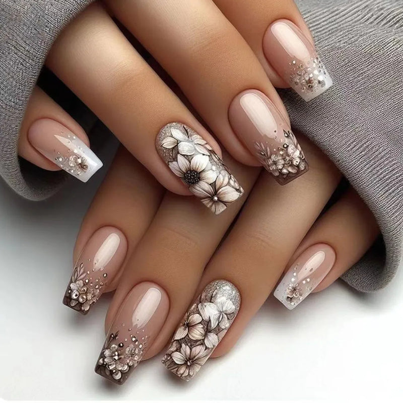 24pcs Medium Square False Nails with Flower Pattern Glitter Gradient White Retro French Press on Nails Full Cover Wearable Nail