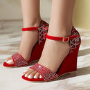 Refined Ladies High Heel Sandals Wedge Heel Rhinestone Band Open Toe Covered Heel