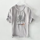 Embroidery Black T Shirts Men Linen Round Neck Embroidered Casual T-Shirt For Men Tops