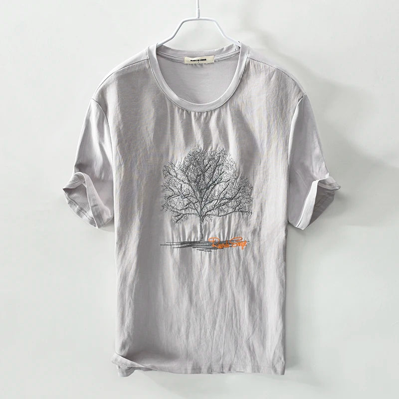 Embroidery Black T Shirts Men Linen Round Neck Embroidered Casual T-Shirt For Men Tops