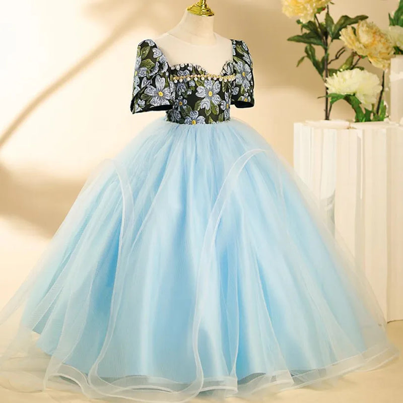 Princess Evening Gown Pearls Design Kids Birthday Party Wedding Girl Dress