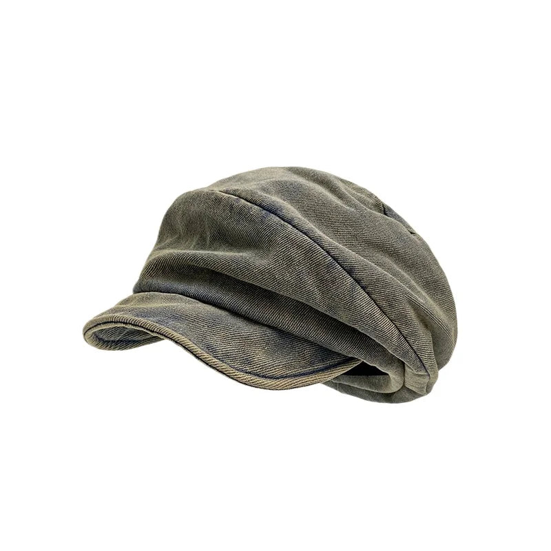 Retro Denim Berets Cap for Women Spring and Summer Casual Niche Fold Design Literary Painter Hat