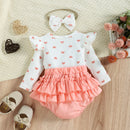 Spring Autumn Valentine's Day Infant Baby Girls Fall Outfits Long Sleeve Heart Bodysuit Suspender Dress Headband Set