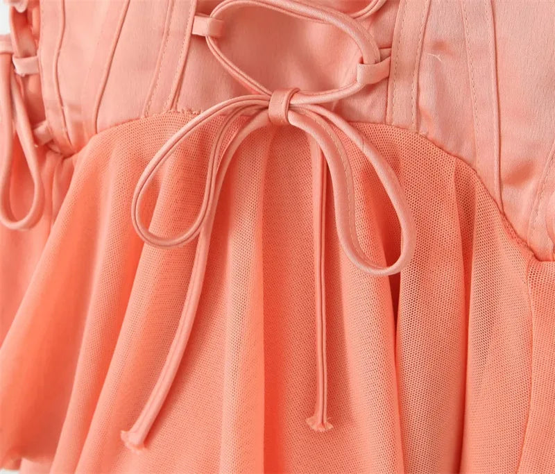 Women Off The Shoulder Lace Up Bandage Sirena Sorbet Satin Strapless Mini Dress
