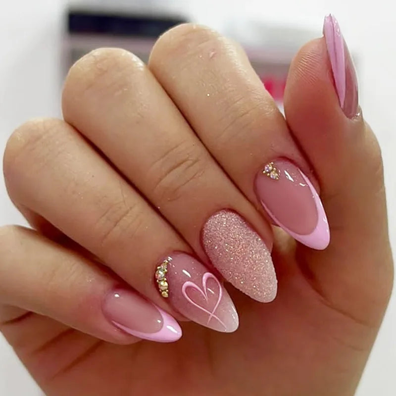 24Pcs Glitter Gradient Love Fake Nails Short Almond French Design Valentine Day Party Pink Press on Nails