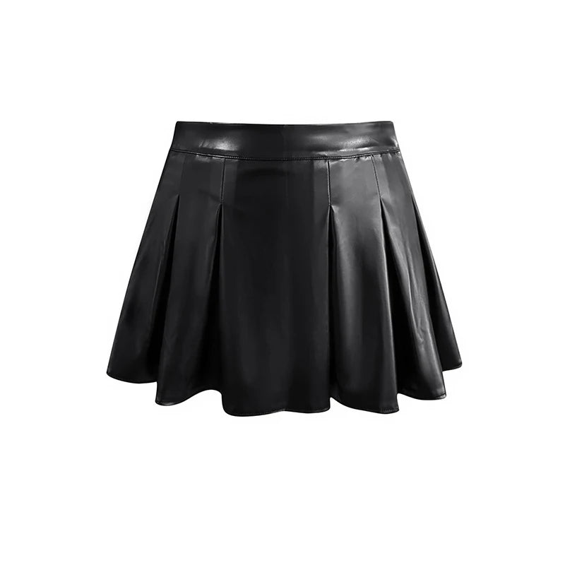 Pleated Mini Skirts Women Spring Summer Casual Leather Basic Solid Black Skirt Female