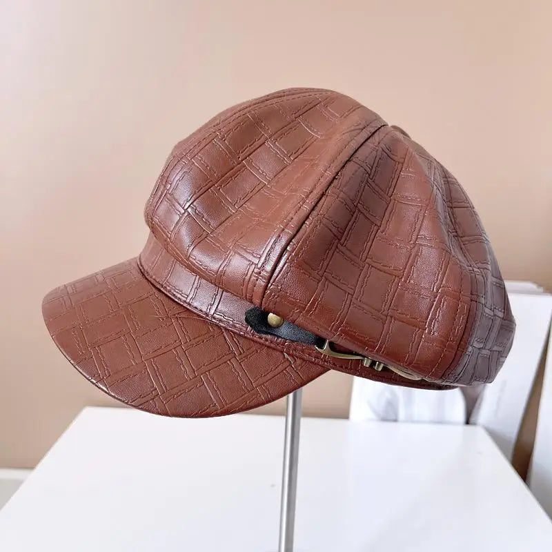 Plaid Microfiber Leather Newsboy Cap Autumn Winter Windproof Navy Cap Women Octagonal Hat