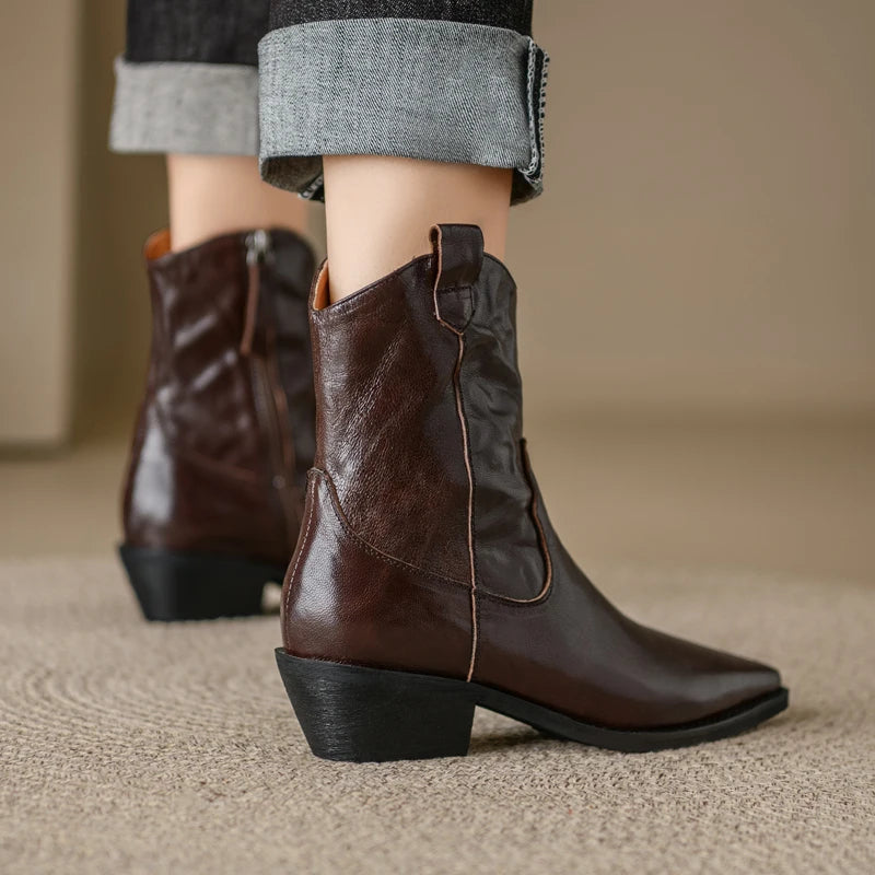 Retro Ankle Boots For Women Leather Winter Shoes Low Heels Short Motorcycle Boot Female