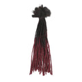 Black and burgundy ombre dreadlock hair extensions on a solid white background, Obroi