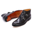 Mens Ankle Boots Genuine Calf Leather Double Buckles Monk Strap Basic Shoes Men Motorcycle Boots