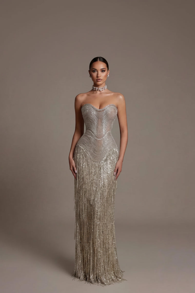 Champagne Party Dress Sweetheart Sleeveless Trumpet Night Dress Sequin and Tassel Celebrity Dress Customized Picture color / 18 W