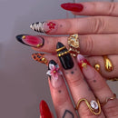 24PCS Pink Almond Press on Nails Full Cover Carved Flower Ripples French Nails for Women with Golden Pearl Wearable Nail